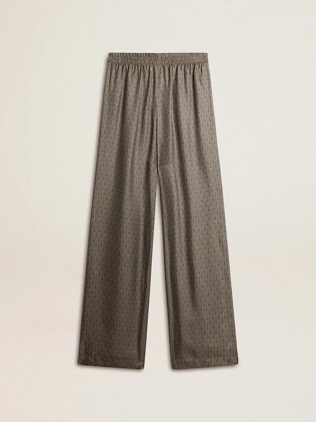 Pantaloni de damă din amestec de viscoză și mătase, de culoare verde, cu imprimeu floral