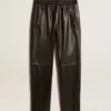 Pantaloni de jogging negri din piele nappa, cu fermoar la bază