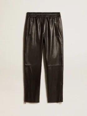 Pantaloni de jogging negri din piele nappa, cu fermoar la bază