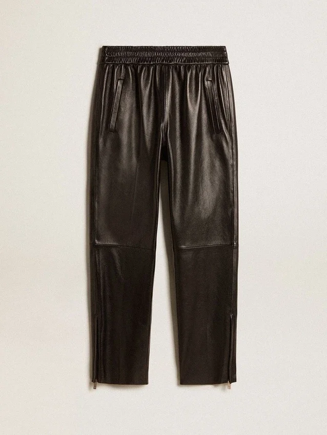 Pantaloni de jogging negri din piele nappa, cu fermoar la bază