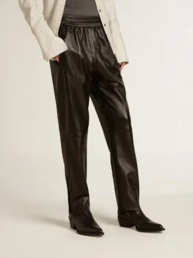 Pantaloni de jogging negri din piele nappa, cu fermoar la bază