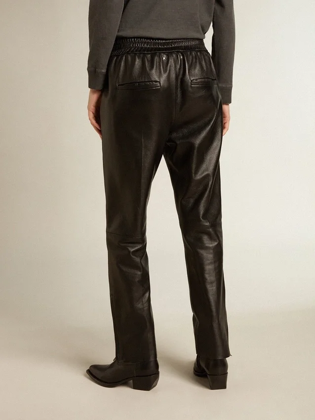Pantaloni de jogging negri din piele nappa, cu fermoar la bază