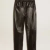 Pantaloni de jogging negri din piele nappa, cu fermoar la bază