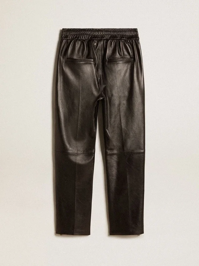 Pantaloni de jogging negri din piele nappa, cu fermoar la bază