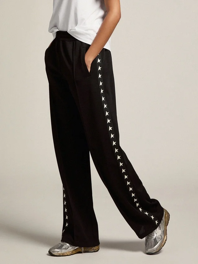 Pantaloni de jogging negri pentru femei, cu stele albe pe laterale