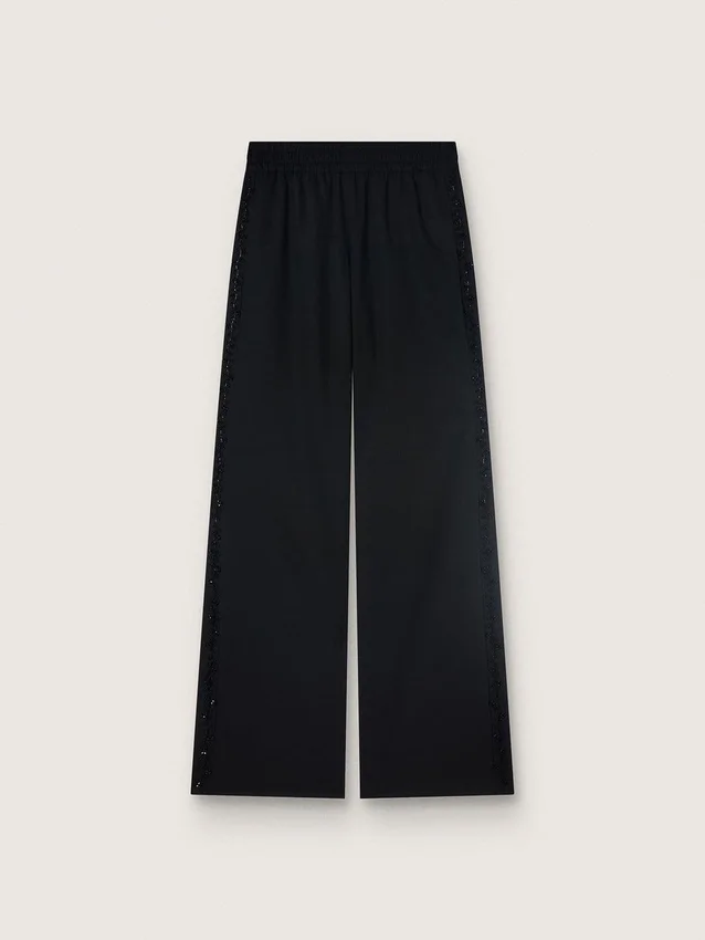 Pantaloni de trening pentru femei din twill de lână negru cu broderie cu paiete