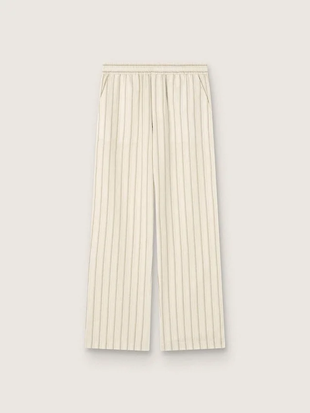 Pantaloni de trening unisex din bumbac și in cu dungi în nuanțe de ecru și nisip