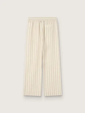 Pantaloni de trening unisex din bumbac și in cu dungi în nuanțe de ecru și nisip