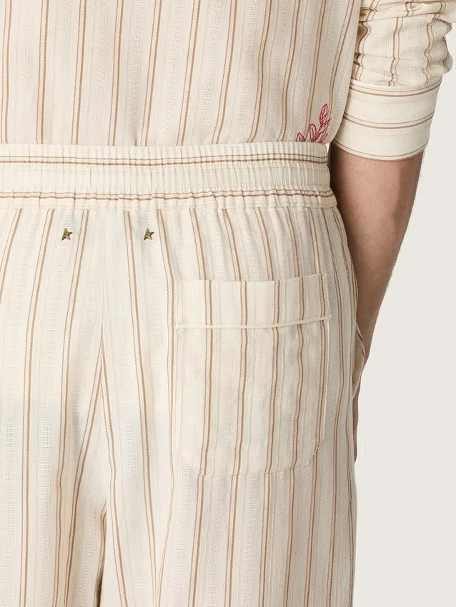 Pantaloni de trening unisex din bumbac și in cu dungi în nuanțe de ecru și nisip