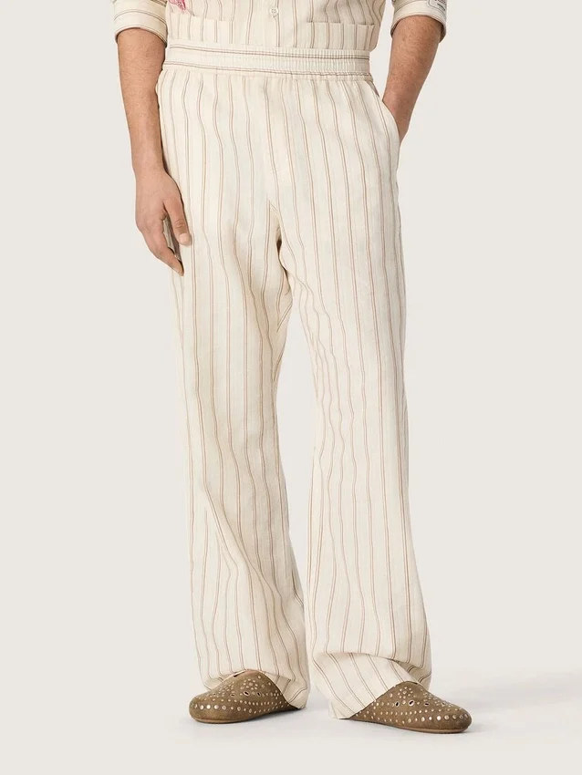 Pantaloni de trening unisex din bumbac și in cu dungi în nuanțe de ecru și nisip
