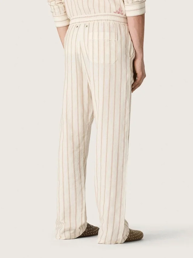Pantaloni de trening unisex din bumbac și in cu dungi în nuanțe de ecru și nisip