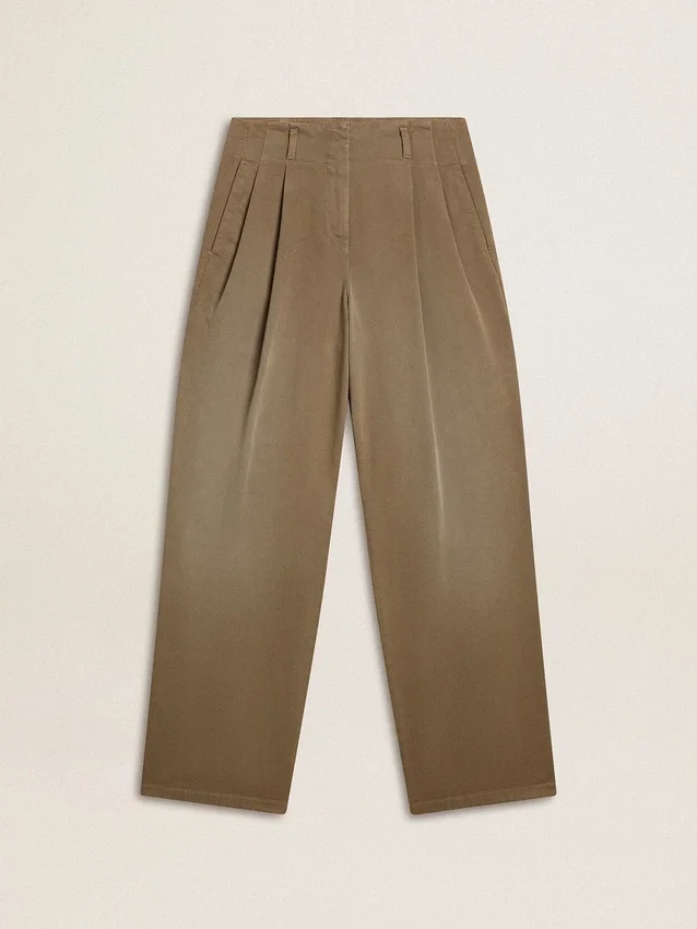 Pantaloni din bumbac de culoare kaki pentru femei