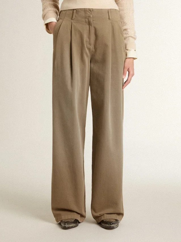 Pantaloni din bumbac de culoare kaki pentru femei