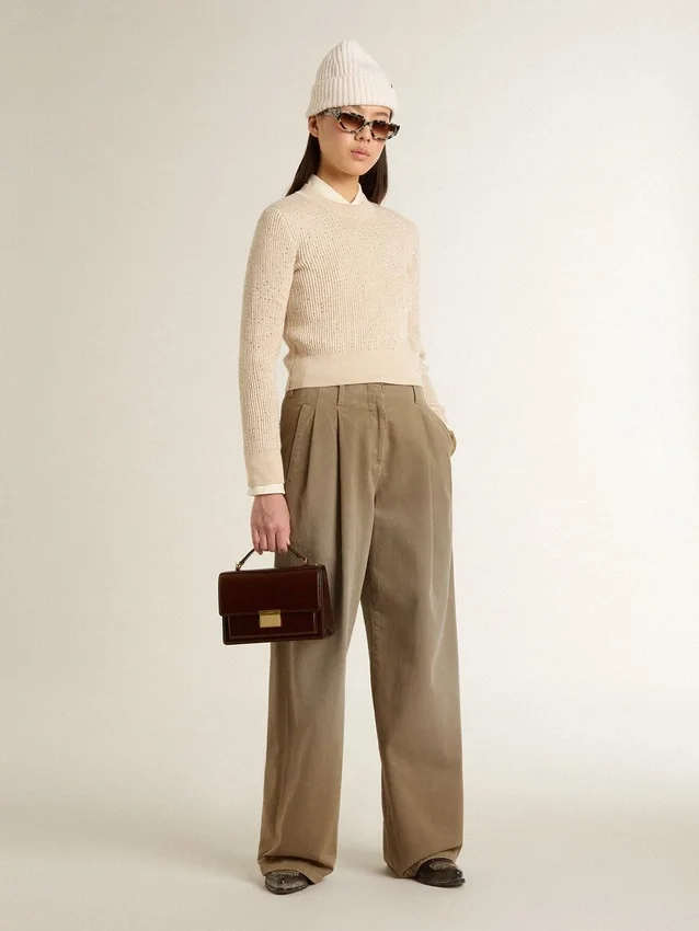Pantaloni din bumbac de culoare kaki pentru femei