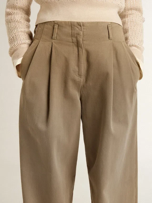 Pantaloni din bumbac de culoare kaki pentru femei