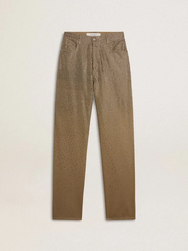 Pantaloni din bumbac de culoare kaki pentru femei, cu efect Swarovski în degrade