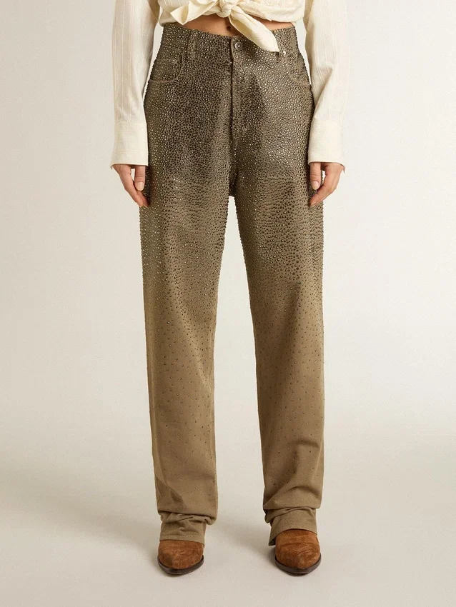 Pantaloni din bumbac de culoare kaki pentru femei, cu efect Swarovski în degrade