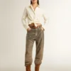 Pantaloni din bumbac de culoare kaki pentru femei, cu efect Swarovski în degrade