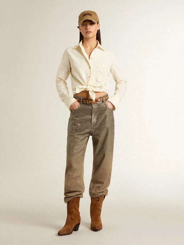 Pantaloni din bumbac de culoare kaki pentru femei, cu efect Swarovski în degrade