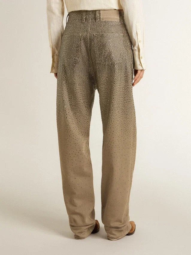 Pantaloni din bumbac de culoare kaki pentru femei, cu efect Swarovski în degrade