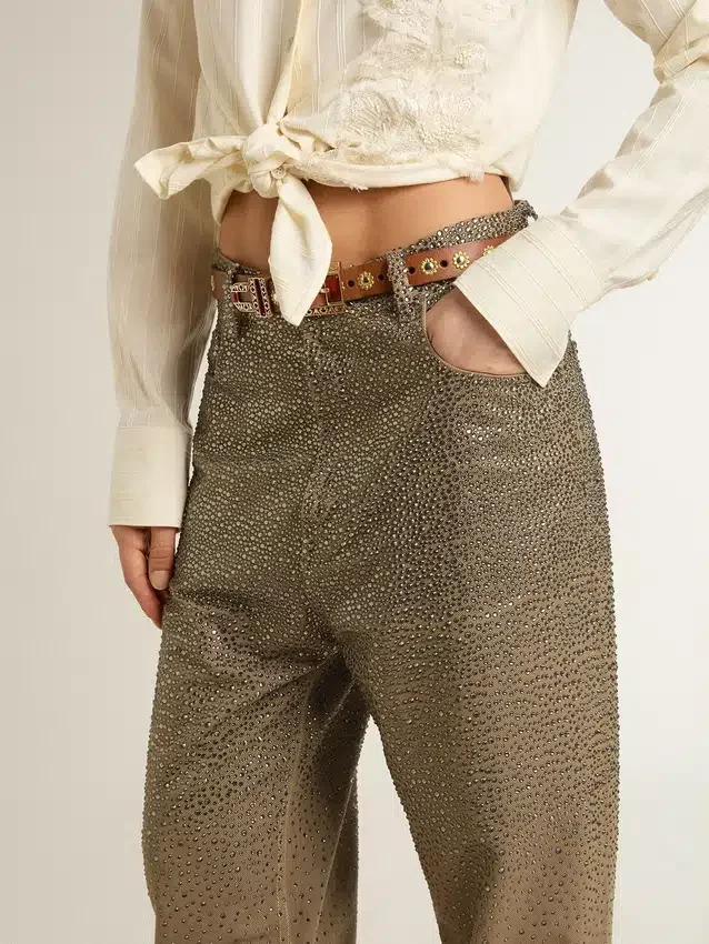 Pantaloni din bumbac de culoare kaki pentru femei, cu efect Swarovski în degrade