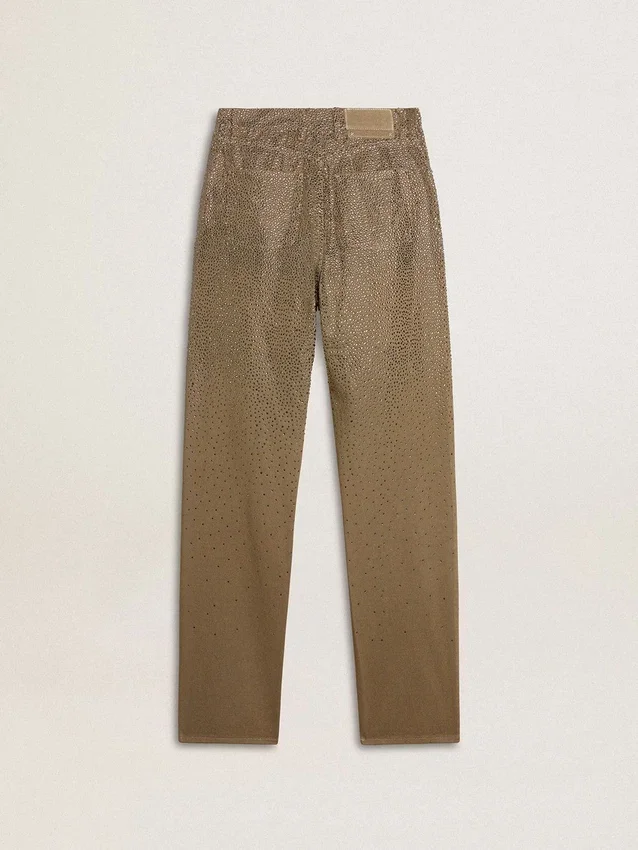 Pantaloni din bumbac de culoare kaki pentru femei, cu efect Swarovski în degrade