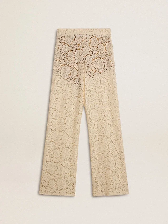 Pantaloni din dantelă transparentă de culoare crem pentru femei