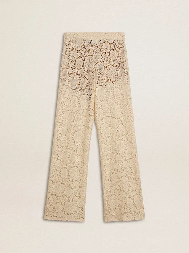 Pantaloni din dantelă transparentă de culoare crem pentru femei