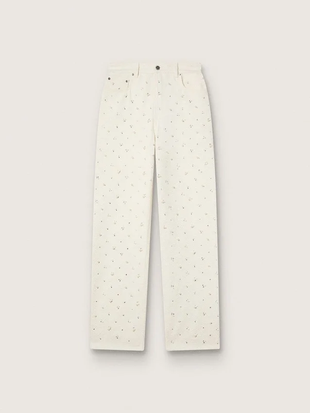 Pantaloni din denim alb pentru femei, cu mărgele și cristale
