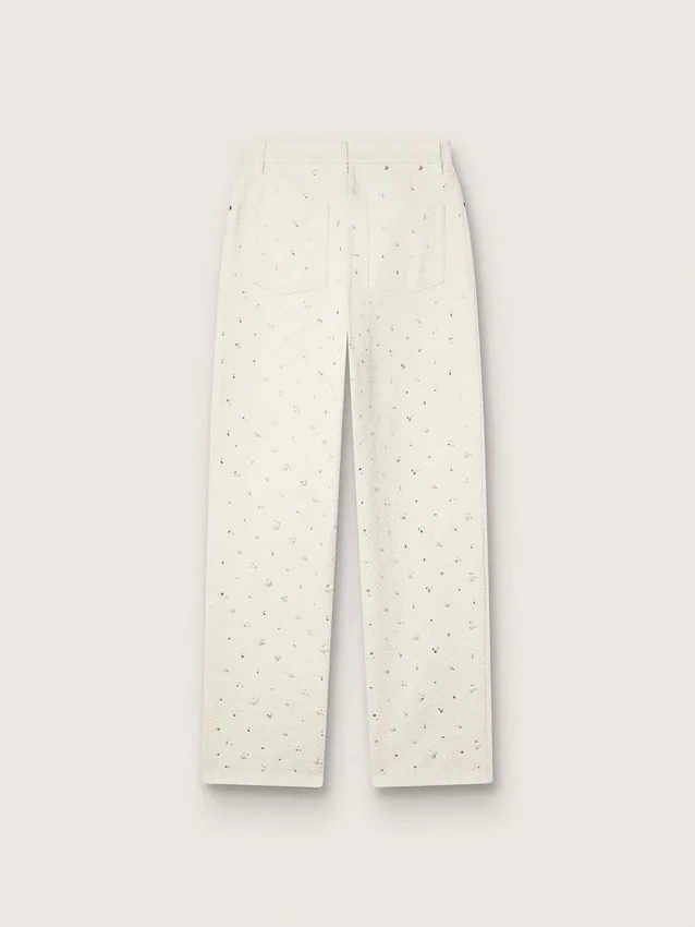 Pantaloni din denim alb pentru femei, cu mărgele și cristale