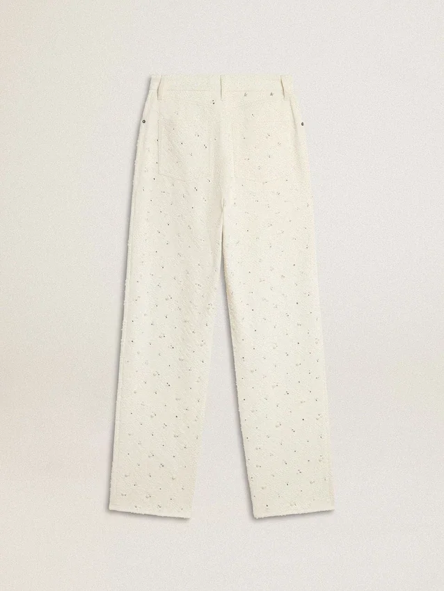 Pantaloni din denim alb pentru femei, cu mărgele și cristale