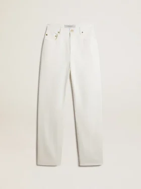 Pantaloni din denim de bumbac de culoare alb optic pentru femei