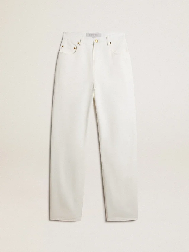 Pantaloni din denim de bumbac de culoare alb optic pentru femei