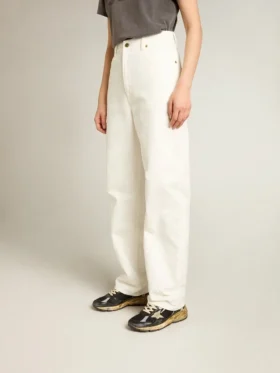 Pantaloni din denim de bumbac de culoare alb optic pentru femei