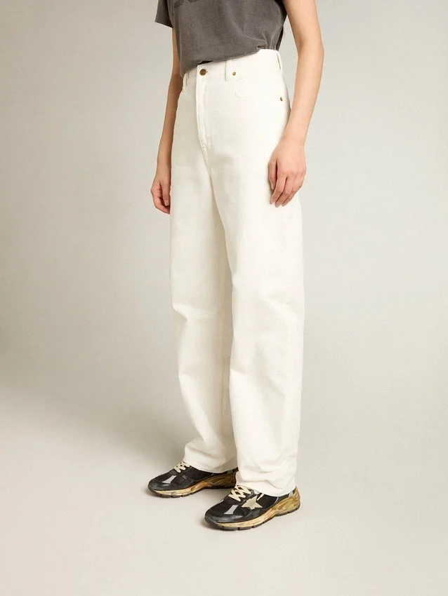 Pantaloni din denim de bumbac de culoare alb optic pentru femei