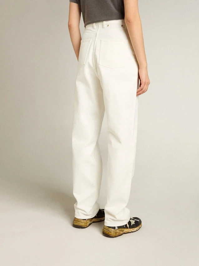 Pantaloni din denim de bumbac de culoare alb optic pentru femei