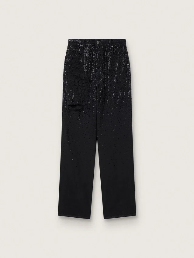 Pantaloni din denim de bumbac pentru femei, cu decorațiuni din cristale cu efect de umbră