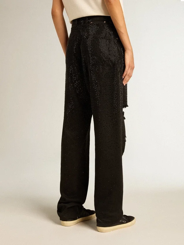 Pantaloni din denim de bumbac pentru femei, cu decorațiuni din cristale cu efect de umbră