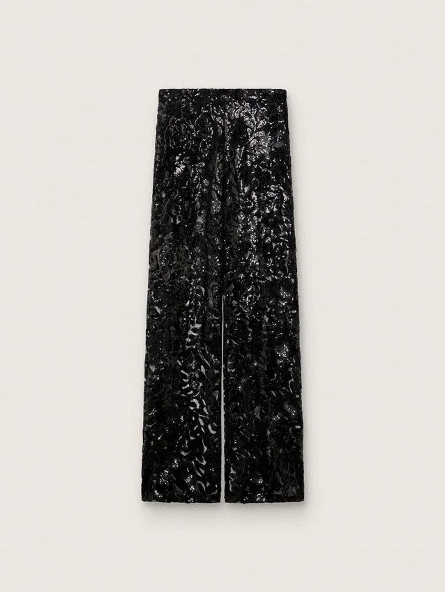 Pantaloni din tul pentru femei cu broderie florală din paiete negre