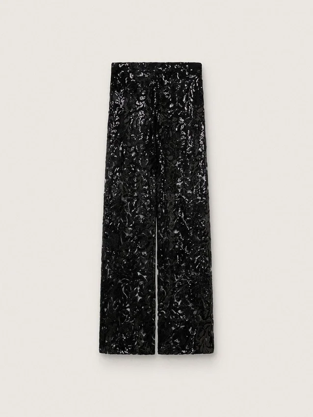 Pantaloni din tul pentru femei cu broderie florală din paiete negre