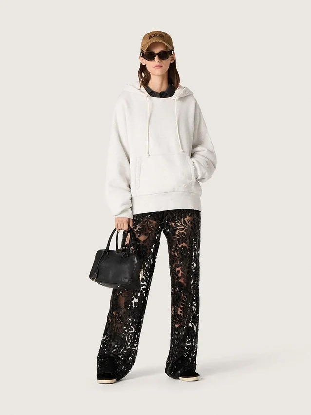 Pantaloni din tul pentru femei cu broderie florală din paiete negre