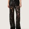 Pantaloni din tul pentru femei cu broderie florală din paiete negre