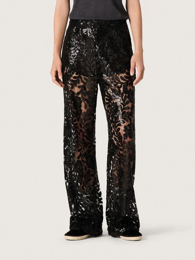 Pantaloni din tul pentru femei cu broderie florală din paiete negre