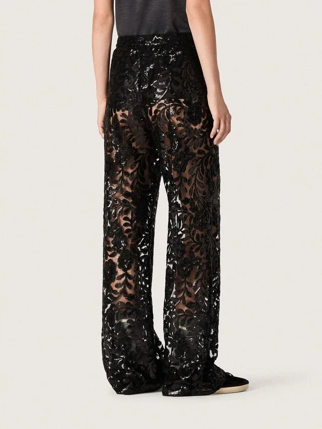 Pantaloni din tul pentru femei cu broderie florală din paiete negre