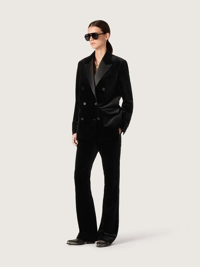 Pantaloni evazați slim-fit pentru femei, din catifea de bumbac neagră