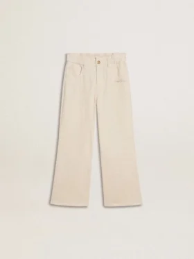 Pantaloni largi cu nervuri, de culoare crem, pentru fete, cu broderie