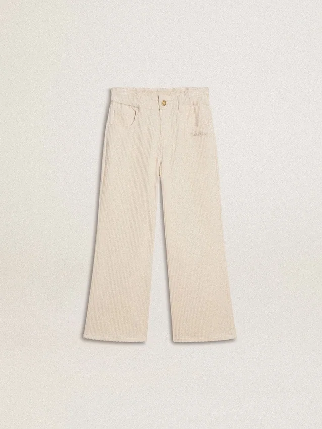 Pantaloni largi cu nervuri, de culoare crem, pentru fete, cu broderie
