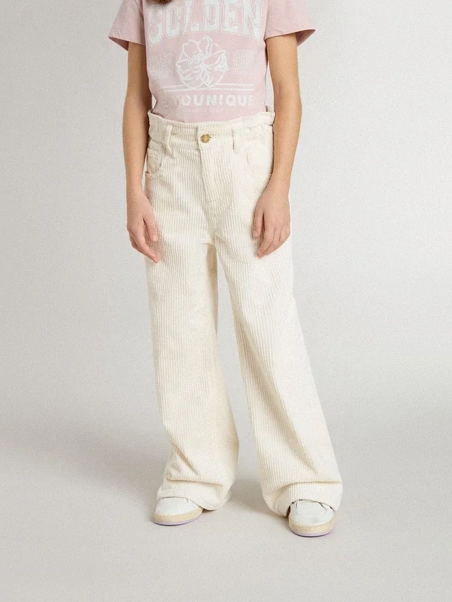 Pantaloni largi cu nervuri, de culoare crem, pentru fete, cu broderie