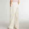 Pantaloni largi cu nervuri, de culoare crem, pentru fete, cu broderie