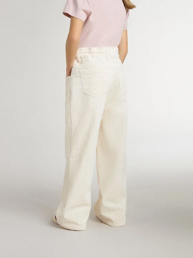 Pantaloni largi cu nervuri, de culoare crem, pentru fete, cu broderie